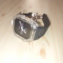 ست بند لاستیکی فلورین و قاب پلی‌کربنات لوکس | رزگلد و دودی | با کریستال زیرکونیا Apple Watch Ultra 46mm (محافظ اپل واچ)