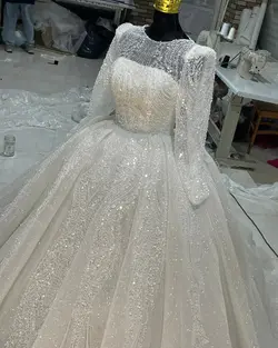 لباس عروس شاین سه کلوش با دانتل پرکار کد ۳۷۴