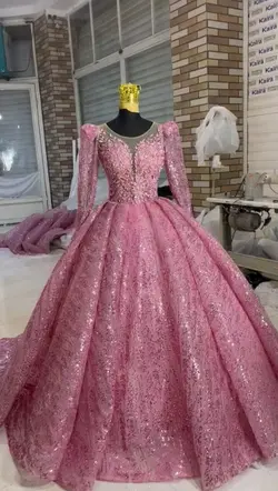 لباس عروس صورتی شاین پفکی با دانتل برگی پرکار
