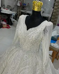لباس عروس دو کلوش پفکی با دانتل پرکار کد ۳۶۶