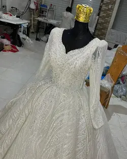 لباس عروس دو کلوش پفکی با دانتل پرکار کد ۳۶۶