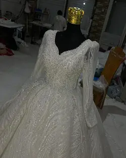 لباس عروس دو کلوش پفکی با دانتل پرکار کد ۳۶۶