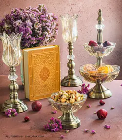 ست ظروف یلدایی و شمعدان پایه برنزی مدل آرمیدخت