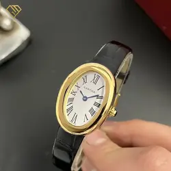 ساعت مچی زنانه کارتیر باگنوار طلایی بند چرم Cartier Baignoire، کیفیت مستر با جعبه اصلی - آریو گالری