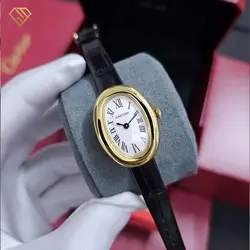ساعت مچی زنانه کارتیر باگنوار طلایی بند چرم Cartier Baignoire، کیفیت مستر با جعبه اصلی - آریو گالری