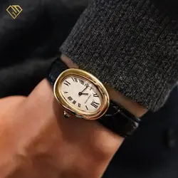 ساعت مچی زنانه کارتیر باگنوار طلایی بند چرم Cartier Baignoire، کیفیت مستر با جعبه اصلی - آریو گالری