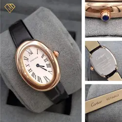 ساعت مچی زنانه کارتیر باگنوار طلایی بند چرم Cartier Baignoire، کیفیت مستر با جعبه اصلی - آریو گالری