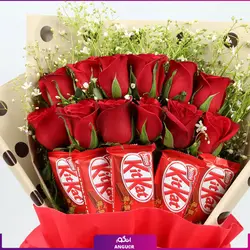 دسته گل رز قرمز با شکلات کیت کت | Kit Kat Chocolate | انگور