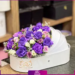 خرید آنلاین باکس گل مصنوعی مدل گهواره‌ای با تم بنفش | مرکز گل و گیاه انگور