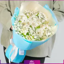 خرید آنلاین دسته گل آلسترومریا سفید با ژیپسوفیلا| گلفروشی آنلاین