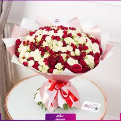 خرید آنلاین دسته گل رز مینیاتوری دو رنگ قرمز - سفید | گلفروشی آنلاین انگور