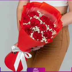 خرید اینترنتی دسته گل میخک قرمز و گل عروس، دسته گل| سایت انگور