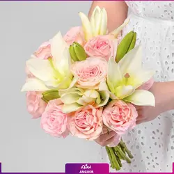 خرید آنلاین دسته گل فرمالیته عروس (رز مینیاتوری و آلسترومریا) | گلفروشی آنلاین انگور