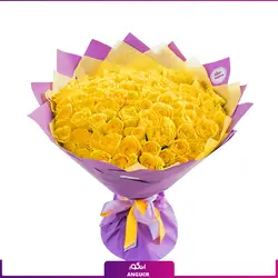 خرید آنلاین دسته گل 90 شاخه گل رز زرد 40 سانتی با کاغذ صورتی | گل فروشی آنلاین انگور