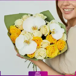 خرید آنلاین دسته گل رز (60 سانتی) و ارکیده سفید | گل فروشی آنلاین انگور