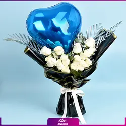 خرید آنلاین دسته گل رز سفید 101 شاخه 70 سانتی با کاغذ آبی | گل فروشی آنلاین انگور