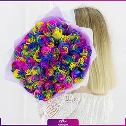خرید آنلاین دسته گل رز رنگ هفت رنگ 50 شاخه با کاغذ بنفش | گل فروشی آنلاین انگور