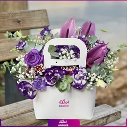خرید آنلاین باکس گل تم بنفش (رز، لیسیانتوس و آنتوریوم) | گلفروشی آنلاین انگور