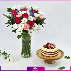 سفارش آنلاین دسته گل رز و داوودی به همراه کیک ردولوت | انگور