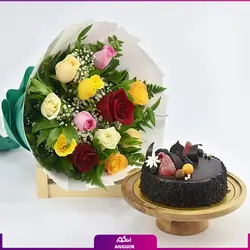 سفارش دسته گل رز به همراه کیک شکلاتی، انگور