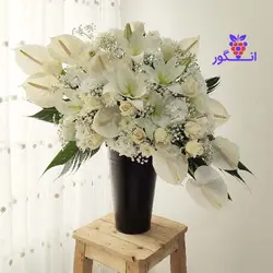باکس گل سپید (ترکیب رز، لیلیوم، آنتوریوم و داوودی) | انگور