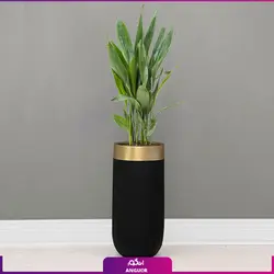 خرید گلدان هدیه لوکس فایبر گلاس رنگ مشکی لبه طلایی با برگ عبایی
