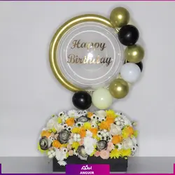 سفارش اینترنتی باکس گل تولد ولان با تم سفید و زرد | گل فروشی آنلاین انگور