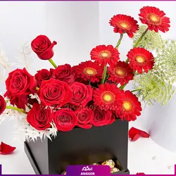 سفارش اینترنتی باکس گل روبیتا به همراه کیک از گل فروشی آنلاین انگور