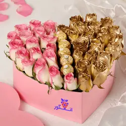 سفارش اینترنتی باکس گل و شکلات سِتین با تم صورتی و طلایی از گل فروشی آنلاین انگور