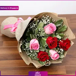 دسته گل رز 6 تایی سرخ و صورتی (ارسال گل به سنگاپور) | انگور