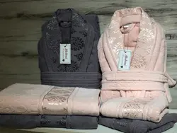 سرویس حوله پالتویی دونفره Modena گلبهی/ذغالی