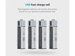 باتری نیم قلمی قابل شارژ پاورولوژی مدل PRUBAAA4 (بسته 4 عددی بهمراه کابل شارژ)