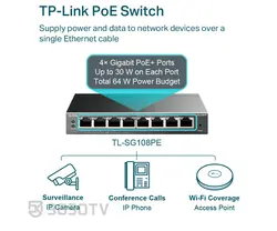 سوییچ شبکه +PoE گیگابیتی ۸ پورت تی پی لینک مدل TL-SG108PE V3/4