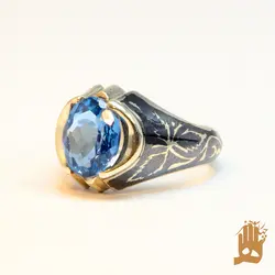 انگشتر فیلی سیاه قلم برگی نگین یاقوت کبود آفریقایی