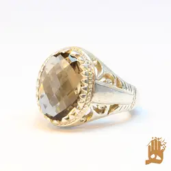 انگشتر فیلی نیم شبکه نگین کوارتز دودی