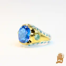 انگشتر فیلی شش حلال مخراج یاقوت کبود نگین توپاز