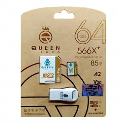 کارت حافظه QUEEN TECH 64G پلاس 10 سرعت 85MB/S همراه با آداپتور و رم ریدر