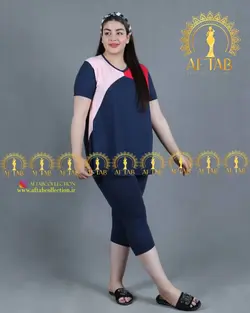 ست تیشرت شلوارک اسپرت ترکیبی سایز بزرگ زنانه