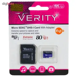 کارت حافظه microSDXC وریتی مدل 4K کلاس 10 استاندارد UHS-I U3 سرعت 80MBps ظرفیت 64 گیگابایت به همراه آداپتور SD