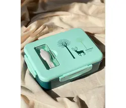 ظرف غذا 3 خانه با قاشق طرح Forest Story فیروزه ای کد 2746
