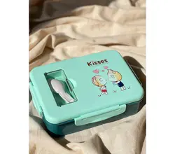 ظرف غذا 3 خانه با قاشق طرح Kisses فیروزه ای کد 2746