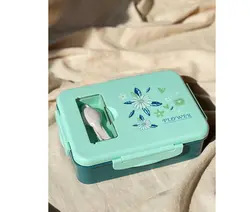 ظرف غذا 3 خانه با قاشق طرح Flower فیروزه ای کد 2746