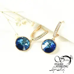 گوشواره ژوپینگ آویز نگین سوارسکی آبی - فروشگاه زیورآلات استرلینگ