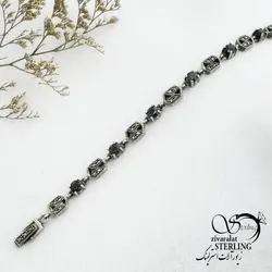 خرید و قیمت دستبند نقره سیاه قلم تایلندی عیار 925 کد 14038 | خرید دستبند نقره925 با سنگ زمرد در فروشگاه زیورآلات استرلینگ
