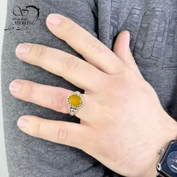 انگشتر با نگین عقیق زرد شرف الشمس نقره عیار 925 و فاکتور رسمی