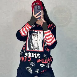 لانگ انیمه آستین راه راه قرمز