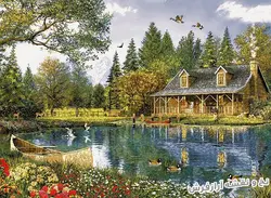 نخ و نقشه تابلو فرش منظره برکه و کلبه روستایی - 3746