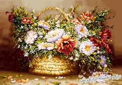 نخ و نقشه تابلو فرش دستباف سبد حصیری گل رز - 1224
