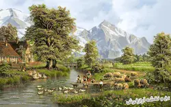 نخ و نقشه تابلو فرش منظره دهکده و کوهستان - 2442