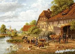 نخ و نقشه بافت تابلو فرش منظره دهکده - 2448